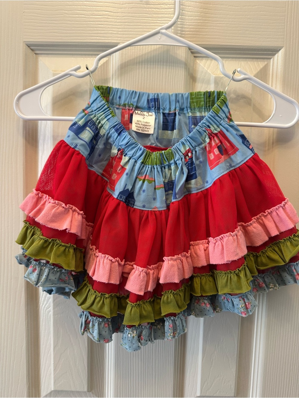 Girls Red Ruffle Skirt with Blue Print Waistband